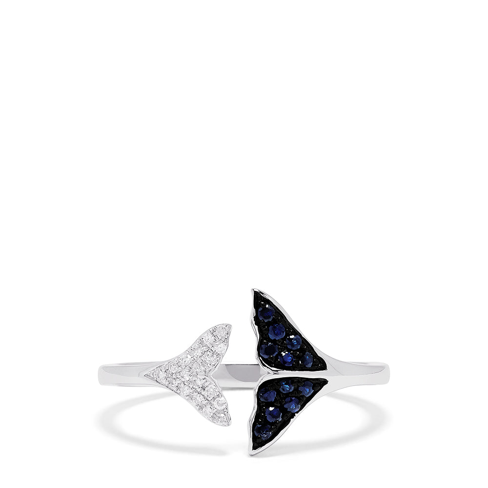 Effy Novelty 14K White Gold Sapphire and Diamond Whale Tails Ring, 0.18 TCW