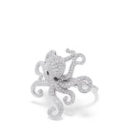 The Seaside 14K White Gold Diamond Octopus Ring, 1.33 TCW, features an octopus design with diamond accents and black gemstone eyes, elegantly displayed on a plain white background.