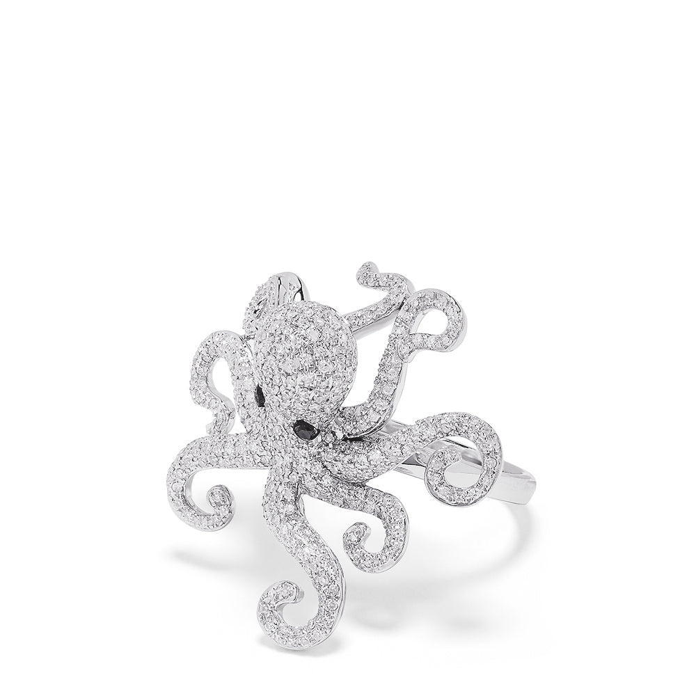 The Seaside 14K White Gold Diamond Octopus Ring, 1.33 TCW, features an octopus design with diamond accents and black gemstone eyes, elegantly displayed on a plain white background.