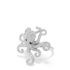 The Seaside 14K White Gold Diamond Octopus Ring, 1.33 TCW, features an octopus design with diamond accents and black gemstone eyes, elegantly displayed on a plain white background.