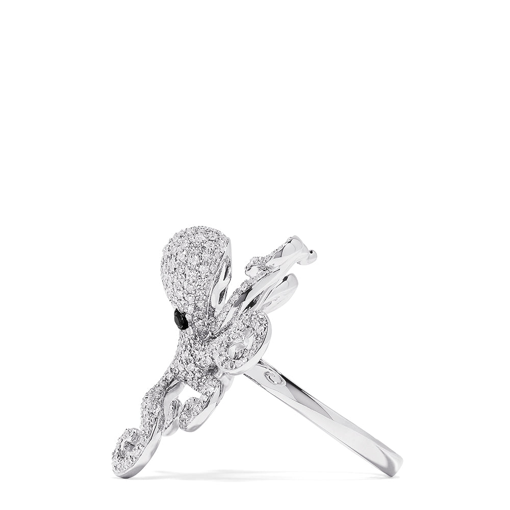 The Seaside 14K White Gold Diamond Octopus Ring, 1.33 TCW, features an octopus design with diamond accents and black gemstone eyes, elegantly displayed on a plain white background.