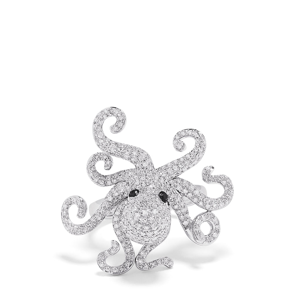 The Seaside 14K White Gold Diamond Octopus Ring, 1.33 TCW, features an octopus design with diamond accents and black gemstone eyes, elegantly displayed on a plain white background.