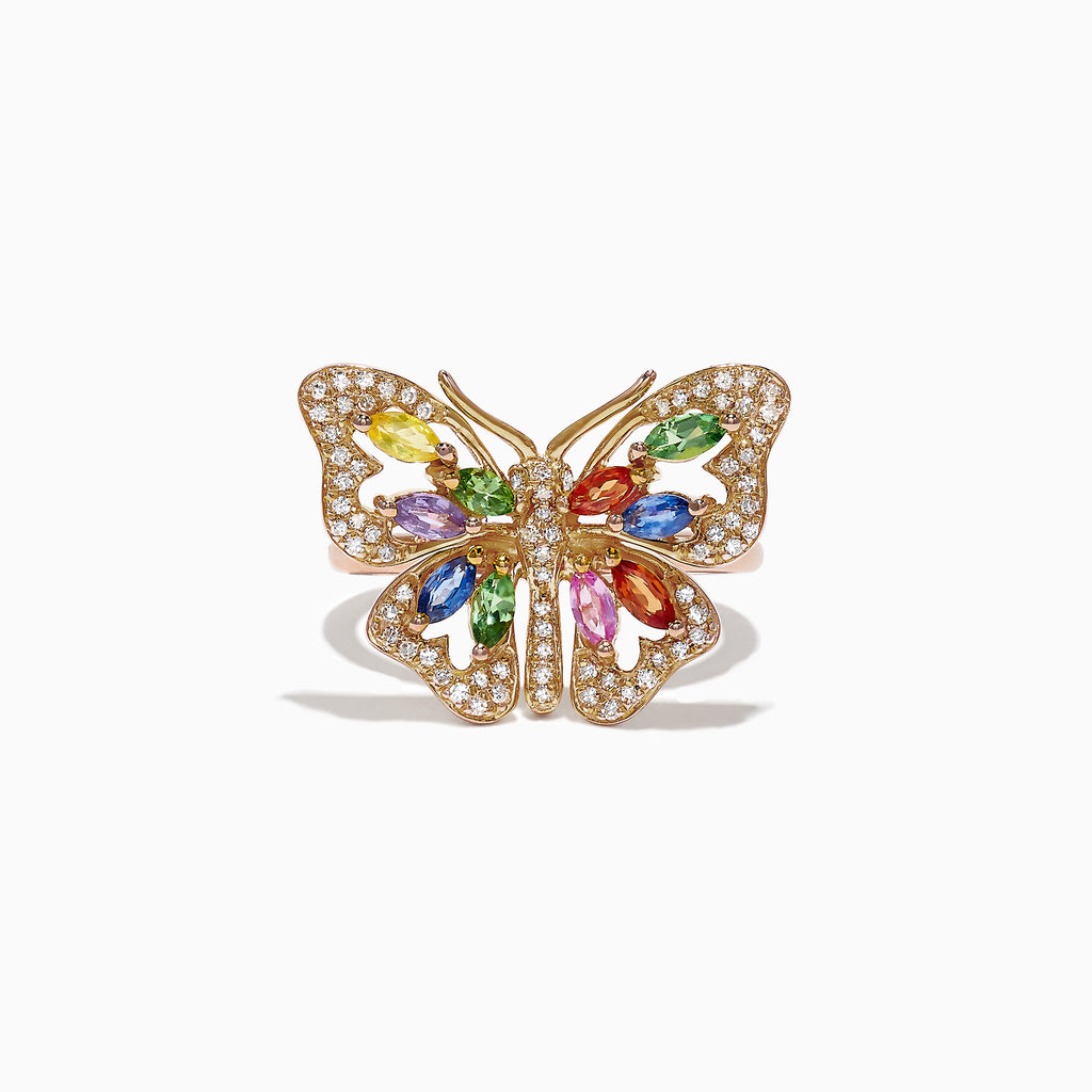 The Watercolors 14K Gold Multi Sapphire Diamond Butterfly Ring, 2.62 TCW, features small white diamonds and vibrant yellow, green, pink, blue, orange, and purple sapphires on a butterfly design against a white background.