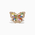 The Watercolors 14K Gold Multi Sapphire Diamond Butterfly Ring, 2.62 TCW, features small white diamonds and vibrant yellow, green, pink, blue, orange, and purple sapphires on a butterfly design against a white background.