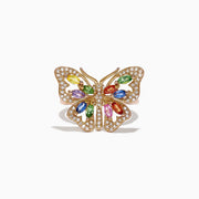 The Watercolors 14K Gold Multi Sapphire Diamond Butterfly Ring, 2.62 TCW, features small white diamonds and vibrant yellow, green, pink, blue, orange, and purple sapphires on a butterfly design against a white background.
