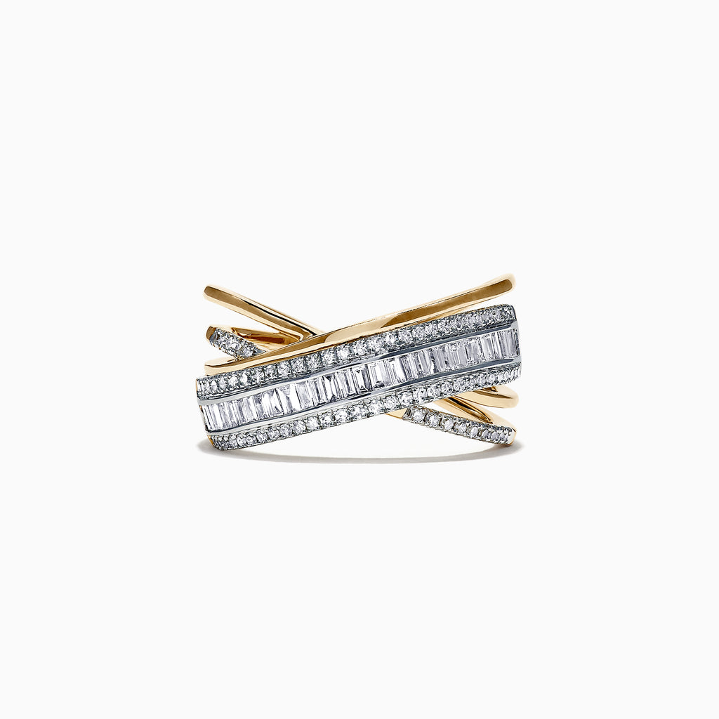 The Duo 14K 2 Tone Gold Diamond Crossover Ring, 0.77 TCW, features crisscross bands in white and yellow gold with rectangular and round-cut diamonds, creating an elegant layered effect.
