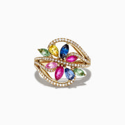The Watercolors 14K Yellow Gold Multi Sapphire & Diamond Ring, 2.15 TCW, showcases a floral design with marquise-cut sapphires in blue, pink, yellow, and green accented by sparkling diamonds on a white background.