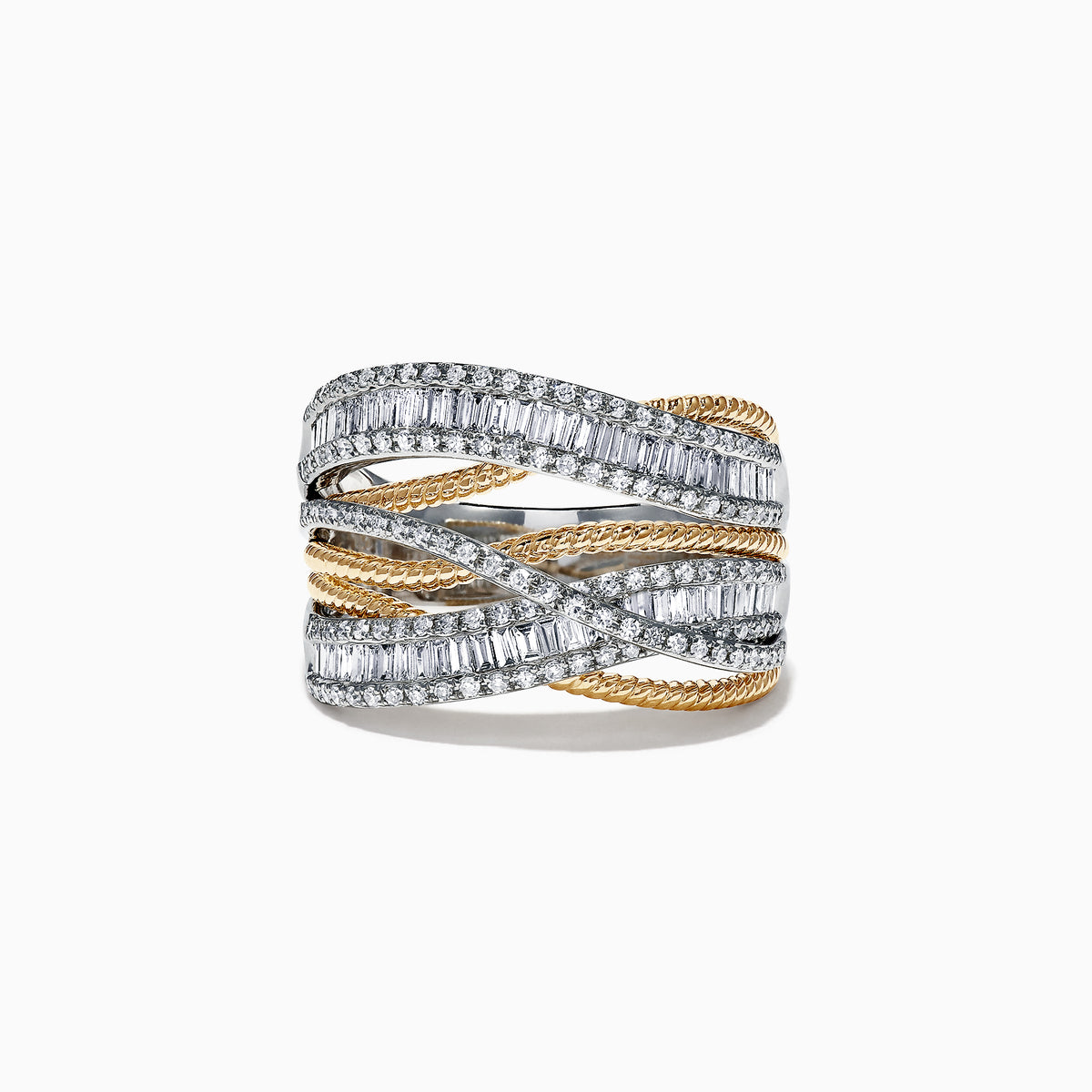The Duo 14K 2 Tone Gold Diamond Crossover Ring features intertwined rows of baguette-cut diamonds (1.09 TCW) set in silver with twisted 14K gold bands, creating an elegant crisscross pattern.