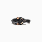 The Signature 14K Gold Black Diamond & Tsavorite Panther Ring, 1.75 TCW, features a sculpted panther head with black diamonds, green gem eyes, and white accents against a plain white background.