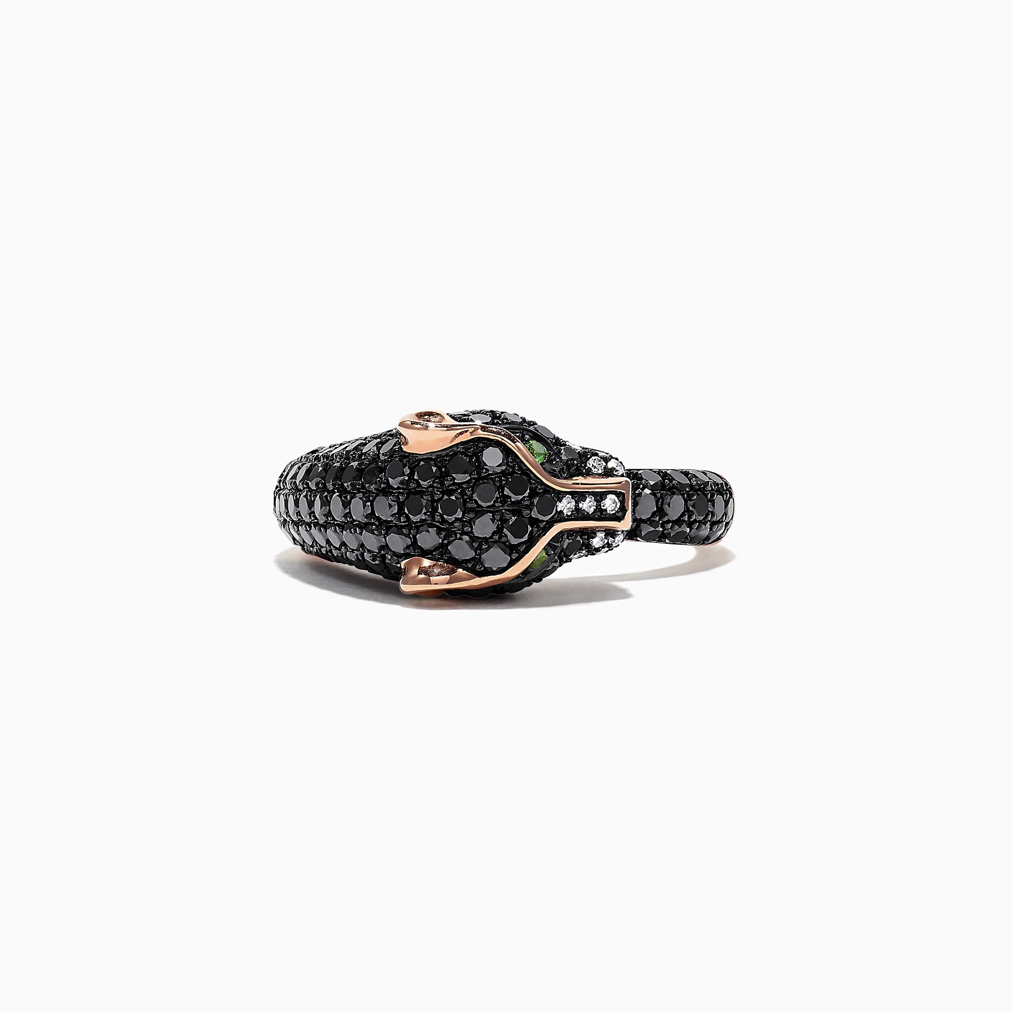 The Signature 14K Gold Black Diamond & Tsavorite Panther Ring, 1.75 TCW, features a sculpted panther head with black diamonds, green gem eyes, and white accents against a plain white background.