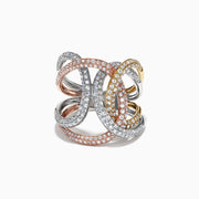 The Trio 14K Tri Color Gold Diamond Ring, 1.33 TCW, features interwoven bands of white, yellow, and rose gold adorned with sparkling diamonds for an intricate and luxurious design.