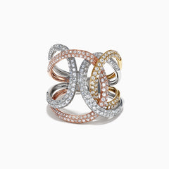 The Trio 14K Tri Color Gold Diamond Ring, 1.33 TCW, features interwoven bands of white, yellow, and rose gold adorned with sparkling diamonds for an intricate and luxurious design.