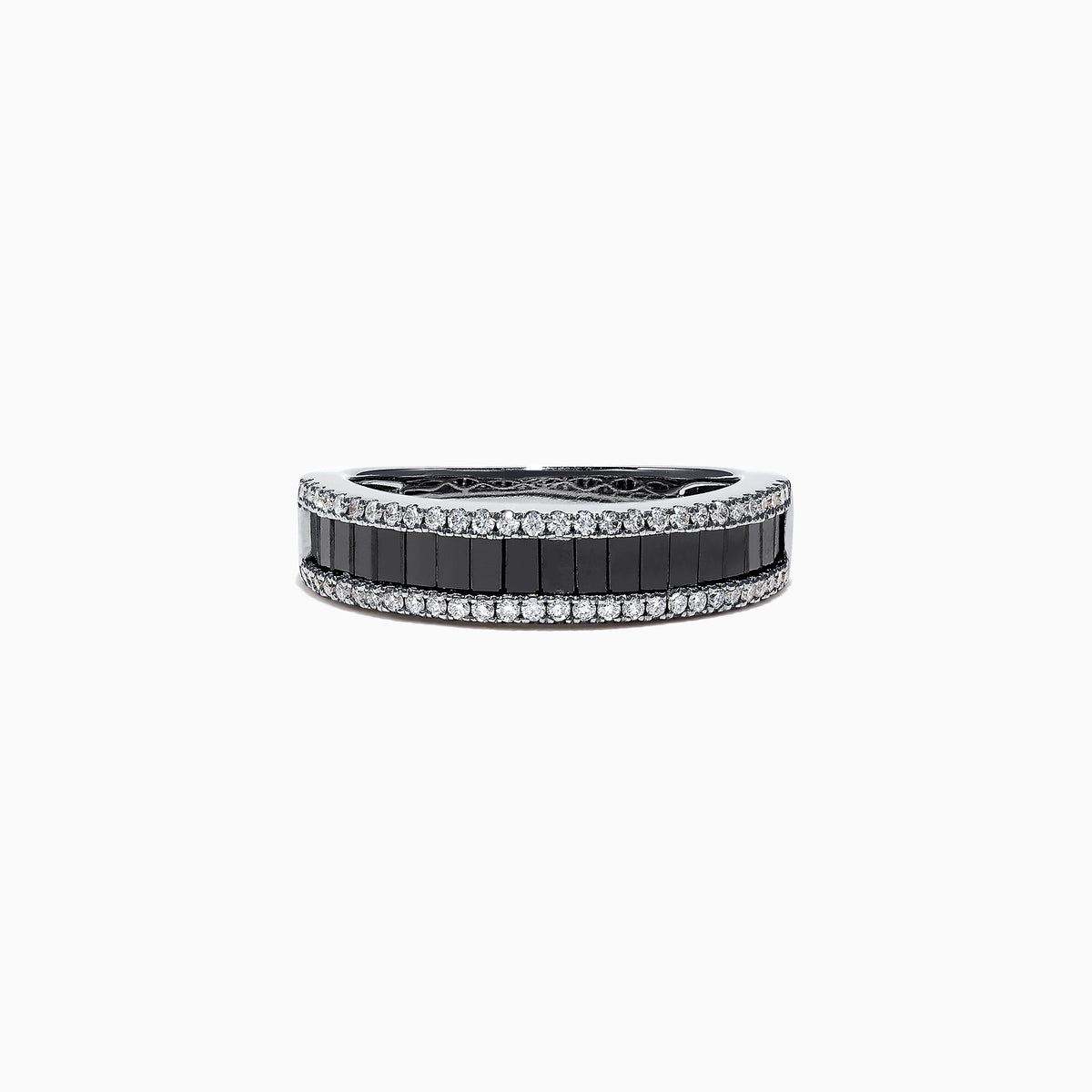 The 14K White Gold Black and White Diamond Band Ring, 1.06 TCW, showcases a row of rectangular black diamonds framed by two rows of round white diamonds on a sleek white gold band.