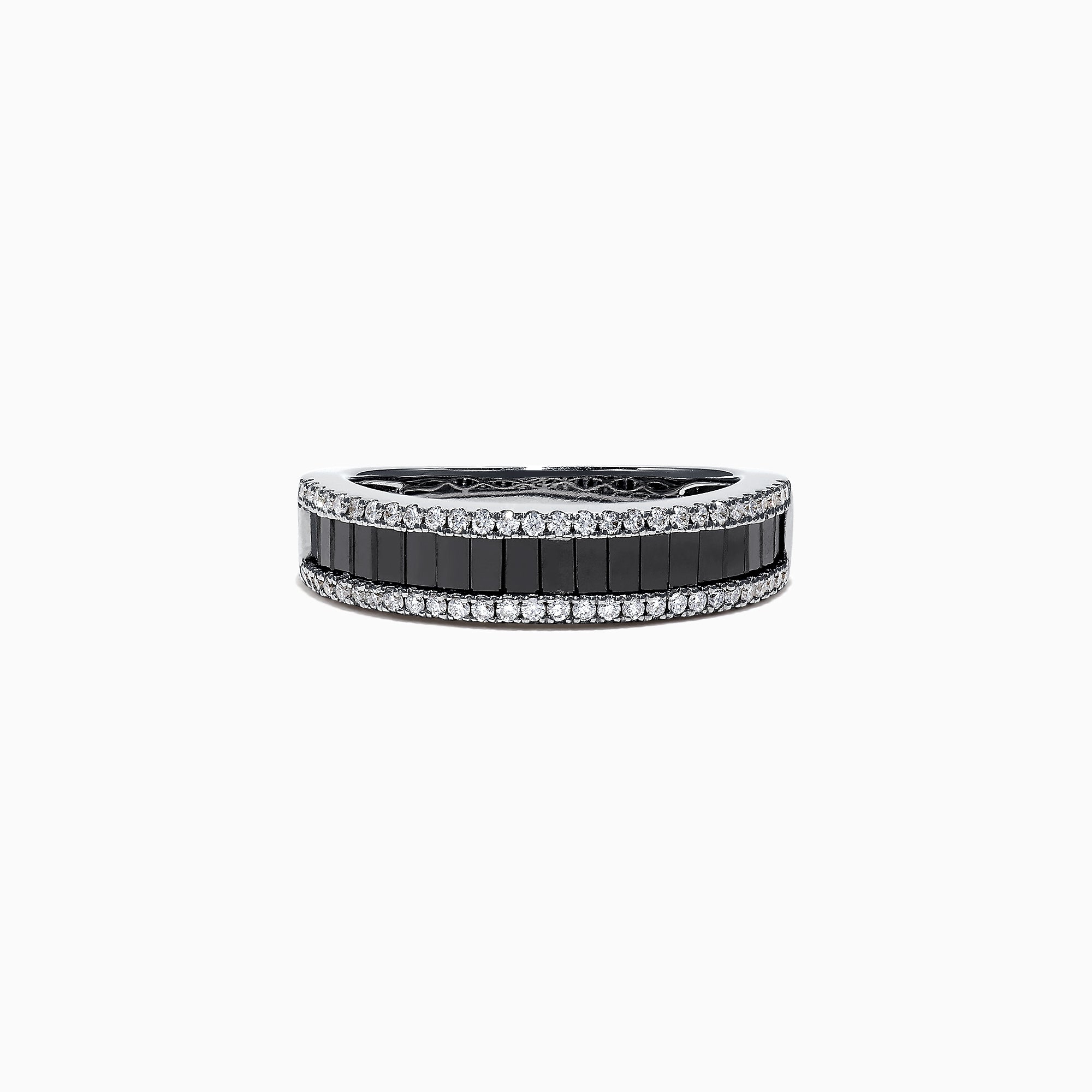 The 14K White Gold Black and White Diamond Band Ring, 1.06 TCW, showcases a row of rectangular black diamonds framed by two rows of round white diamonds on a sleek white gold band.