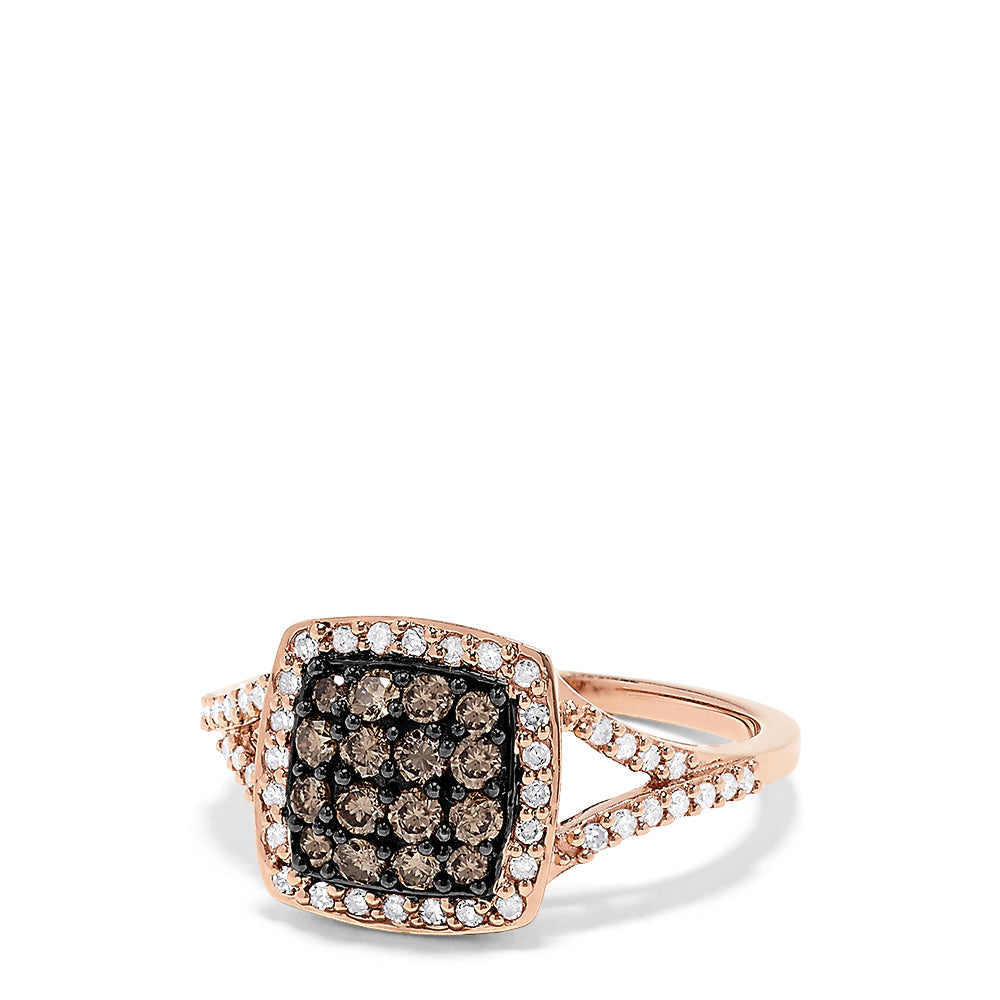 This 14K rose gold ring features a square setting with espresso diamonds at the center, surrounded by white diamonds and a split shank band with more white stones, totaling 0.60 TCW.