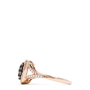 This 14K rose gold ring features a square setting with espresso diamonds at the center, surrounded by white diamonds and a split shank band with more white stones, totaling 0.60 TCW.