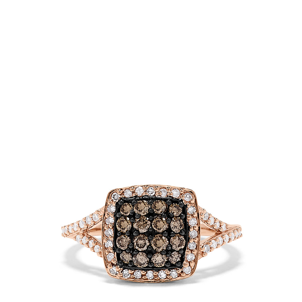 This 14K rose gold ring features a square setting with espresso diamonds at the center, surrounded by white diamonds and a split shank band with more white stones, totaling 0.60 TCW.