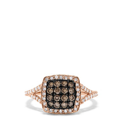 This 14K rose gold ring features a square setting with espresso diamonds at the center, surrounded by white diamonds and a split shank band with more white stones, totaling 0.60 TCW.