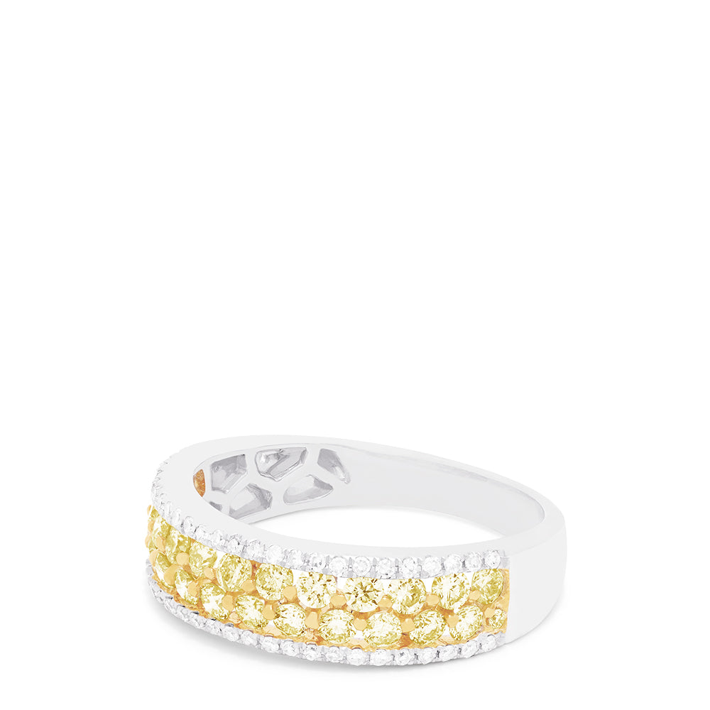 The Canare 14K Two-Tone Gold Yellow Diamond Band, 1.01 TCW, showcases two rows of round yellow diamonds at the center, bordered by white stones on top and bottom, set against a white background.