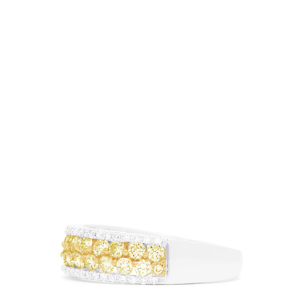 The Canare 14K Two-Tone Gold Yellow Diamond Band, 1.01 TCW, showcases two rows of round yellow diamonds at the center, bordered by white stones on top and bottom, set against a white background.