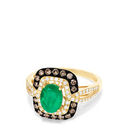The Brasilica 14K Yellow Gold Ring showcases an oval green emerald, encircled by espresso and white diamonds on the halo and band, totaling 1.70 TCW—a stunning Emerald Diamond Ring.