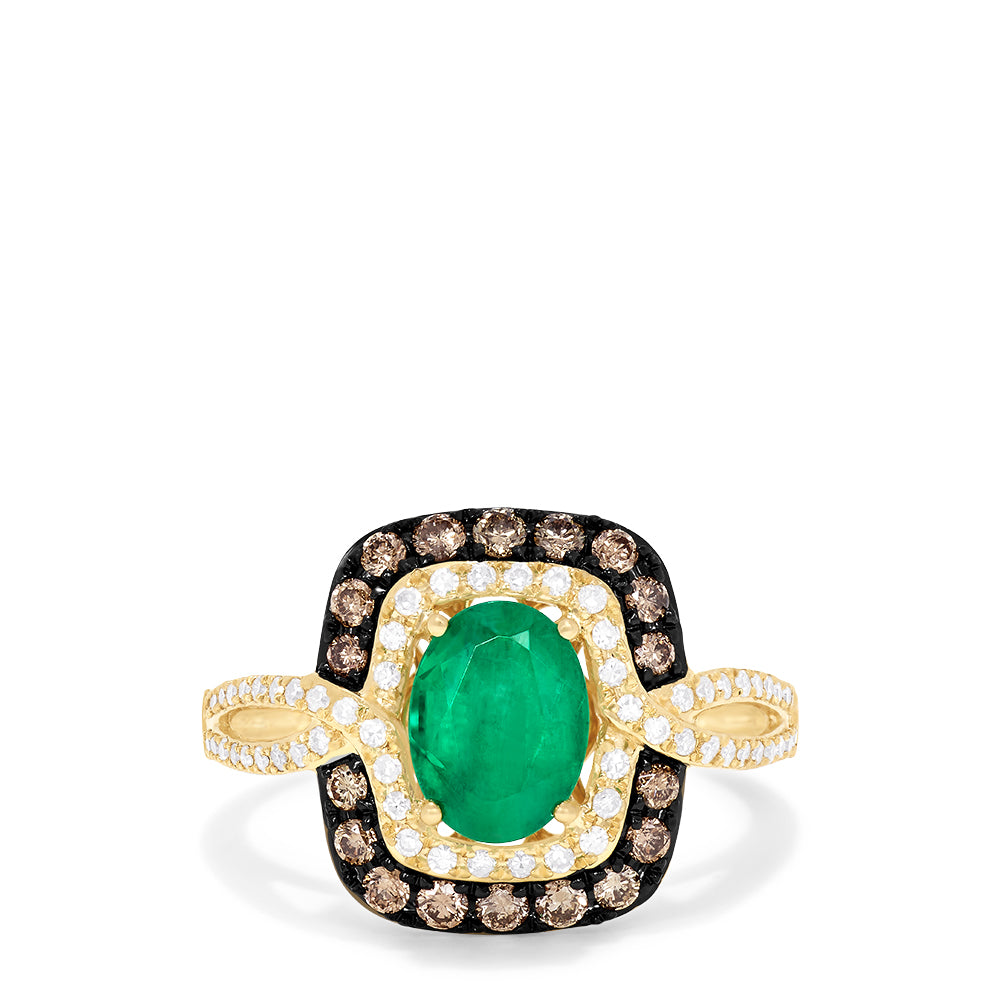 The Brasilica 14K Yellow Gold Ring showcases an oval green emerald, encircled by espresso and white diamonds on the halo and band, totaling 1.70 TCW—a stunning Emerald Diamond Ring.