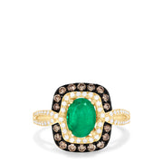The Brasilica 14K Yellow Gold Ring showcases an oval green emerald, encircled by espresso and white diamonds on the halo and band, totaling 1.70 TCW—a stunning Emerald Diamond Ring.