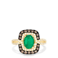 The Brasilica 14K Yellow Gold Ring showcases an oval green emerald, encircled by espresso and white diamonds on the halo and band, totaling 1.70 TCW—a stunning Emerald Diamond Ring.