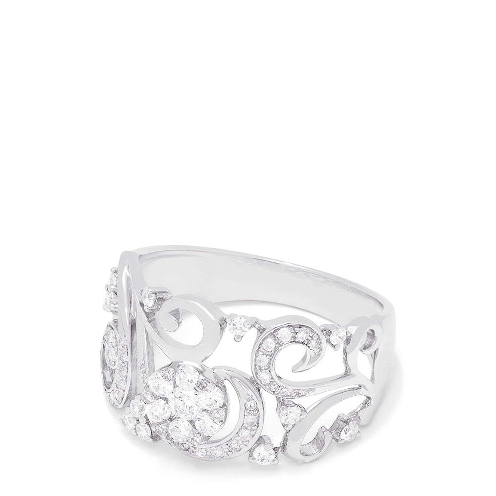 The Bouquet 14K White Gold Diamond Filigree Ring, 0.53 TCW, features intricate swirling filigree and multiple round diamonds across the ornate design, shown on a white background.