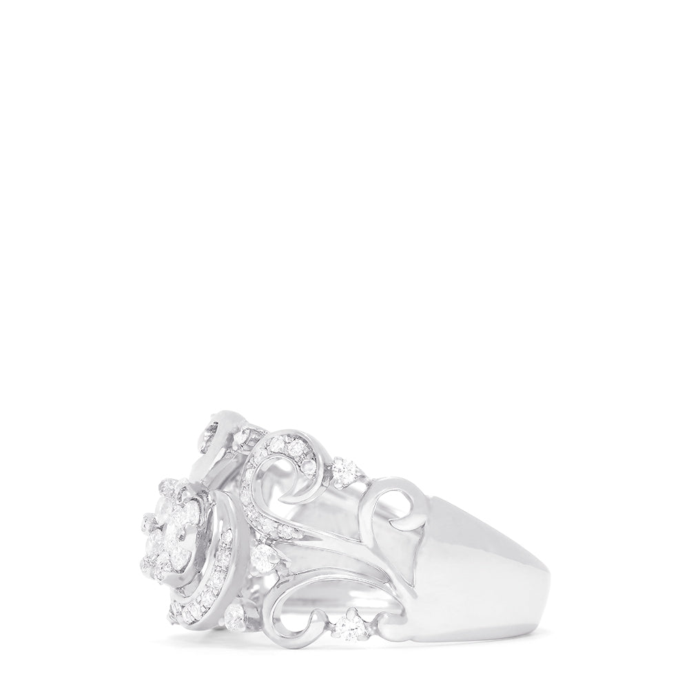 The Bouquet 14K White Gold Diamond Filigree Ring, 0.53 TCW, features intricate swirling filigree and multiple round diamonds across the ornate design, shown on a white background.
