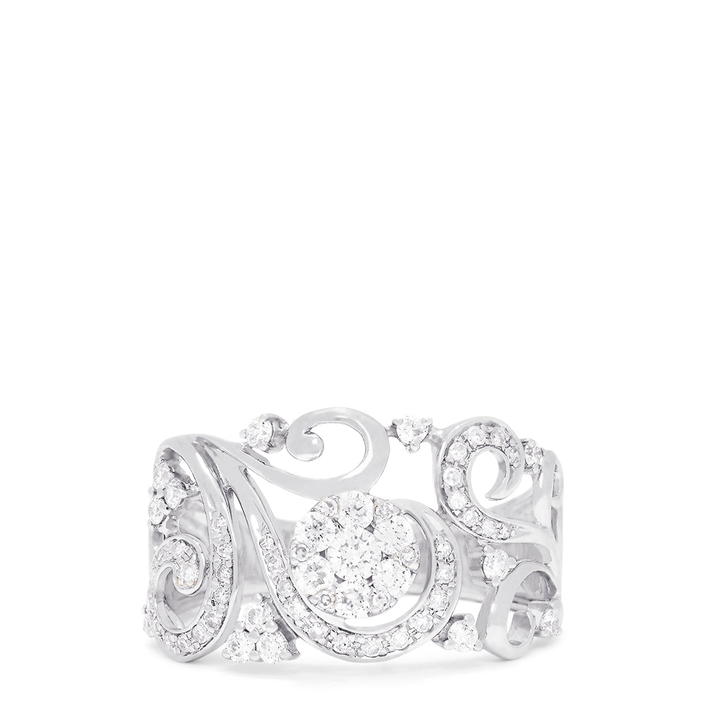 The Bouquet 14K White Gold Diamond Filigree Ring, 0.53 TCW, features intricate swirling filigree and multiple round diamonds across the ornate design, shown on a white background.