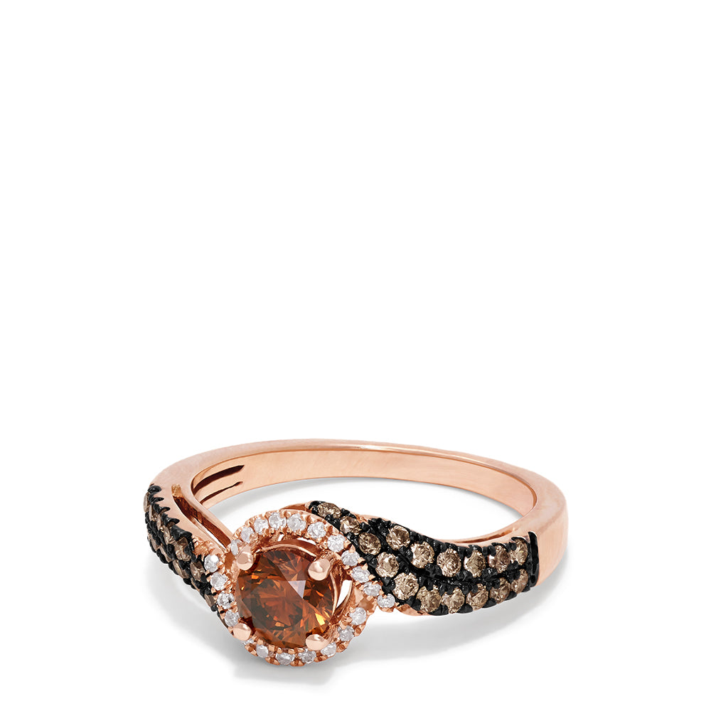 The 14K Rose Gold Espresso and White Diamond Ring, 0.93 TCW, features a round espresso diamond center, a halo of white diamonds, and a twisted band adorned with brown and white diamonds.