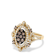 The 14K Yellow Gold Espresso and White Diamond Ring, 0.64 TCW, features a cluster of brown diamonds in an oval halo of white diamonds with band accents and intricate filigree detailing.