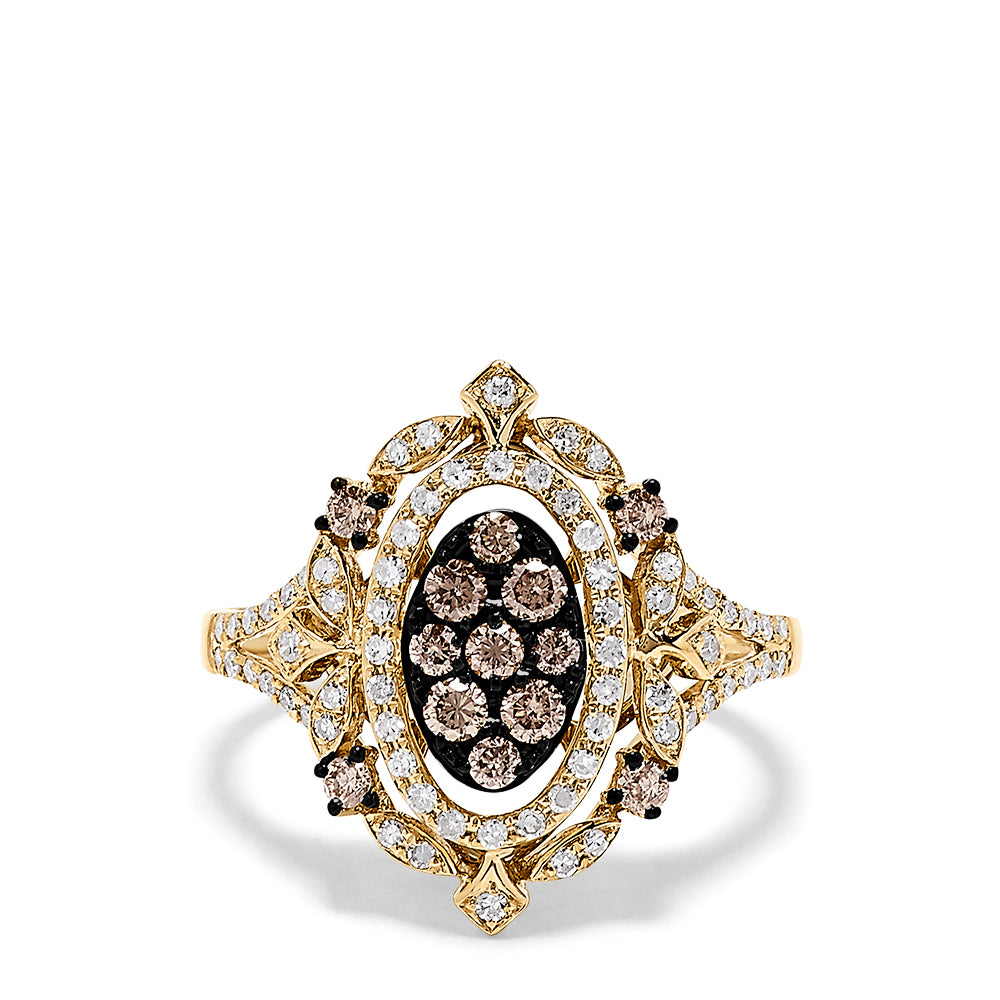 The 14K Yellow Gold Espresso and White Diamond Ring, 0.64 TCW, features a cluster of brown diamonds in an oval halo of white diamonds with band accents and intricate filigree detailing.
