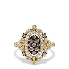 The 14K Yellow Gold Espresso and White Diamond Ring, 0.64 TCW, features a cluster of brown diamonds in an oval halo of white diamonds with band accents and intricate filigree detailing.