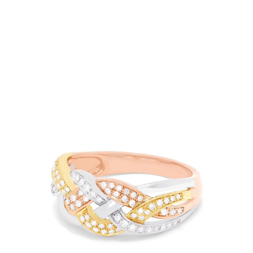 The Trio 14K Tri Color Gold Diamond Braid Ring, 0.29 TCW features rose, yellow, and white gold bands braided together and accented with sparkling diamonds—a timelessly elegant accessory.
