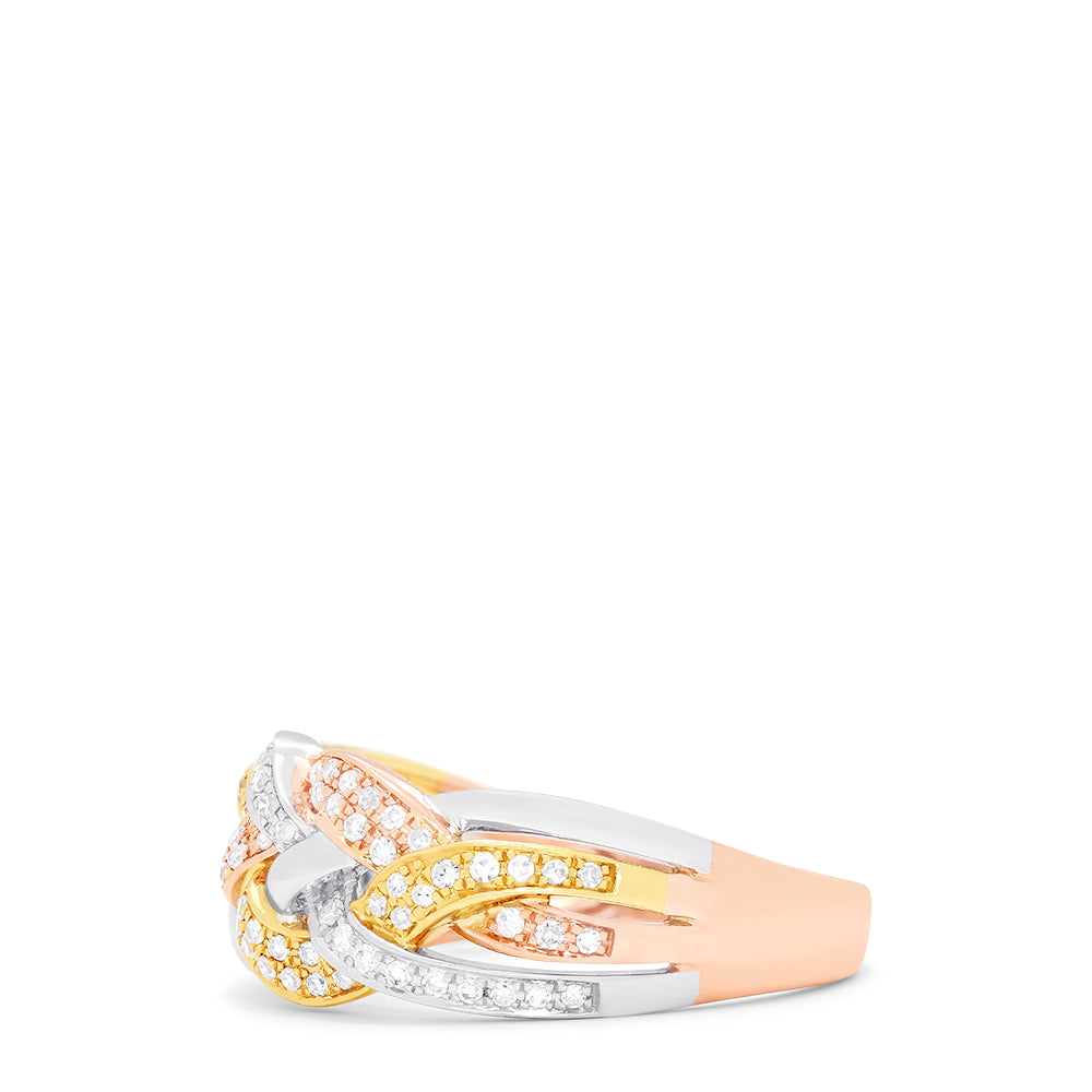 The Trio 14K Tri Color Gold Diamond Braid Ring, 0.29 TCW features rose, yellow, and white gold bands braided together and accented with sparkling diamonds—a timelessly elegant accessory.