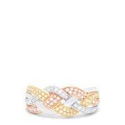 The Trio 14K Tri Color Gold Diamond Braid Ring, 0.29 TCW features rose, yellow, and white gold bands braided together and accented with sparkling diamonds—a timelessly elegant accessory.