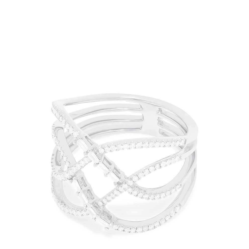 The Pave Classica 14K White Gold Diamond Fashion Ring, 0.42 TCW, features three parallel bands joined by crisscrossing rows of sparkling diamonds in an elegant openwork lattice design.