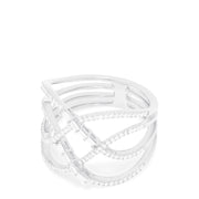 The Pave Classica 14K White Gold Diamond Fashion Ring, 0.42 TCW, features three parallel bands joined by crisscrossing rows of sparkling diamonds in an elegant openwork lattice design.