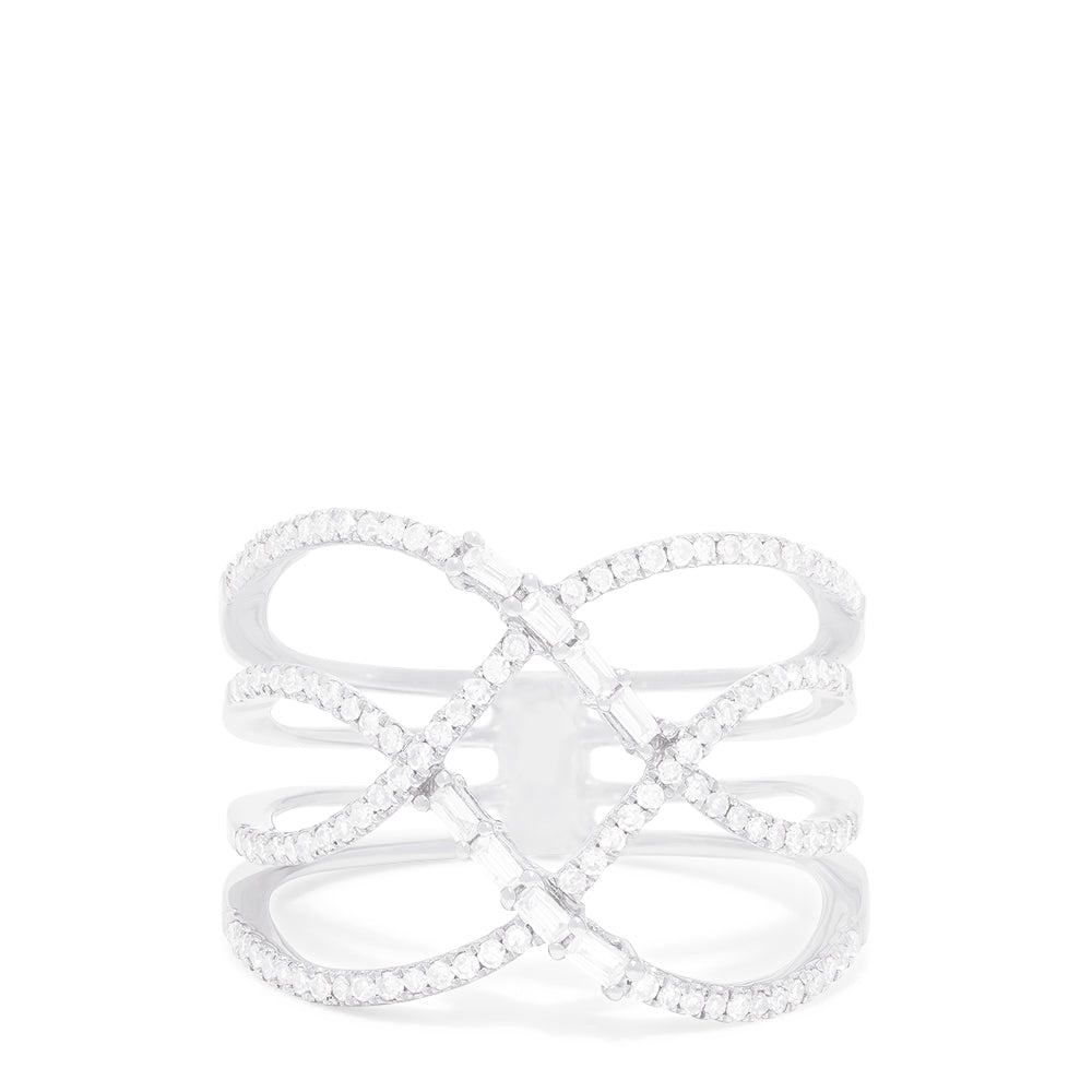 The Pave Classica 14K White Gold Diamond Fashion Ring, 0.42 TCW, features three parallel bands joined by crisscrossing rows of sparkling diamonds in an elegant openwork lattice design.