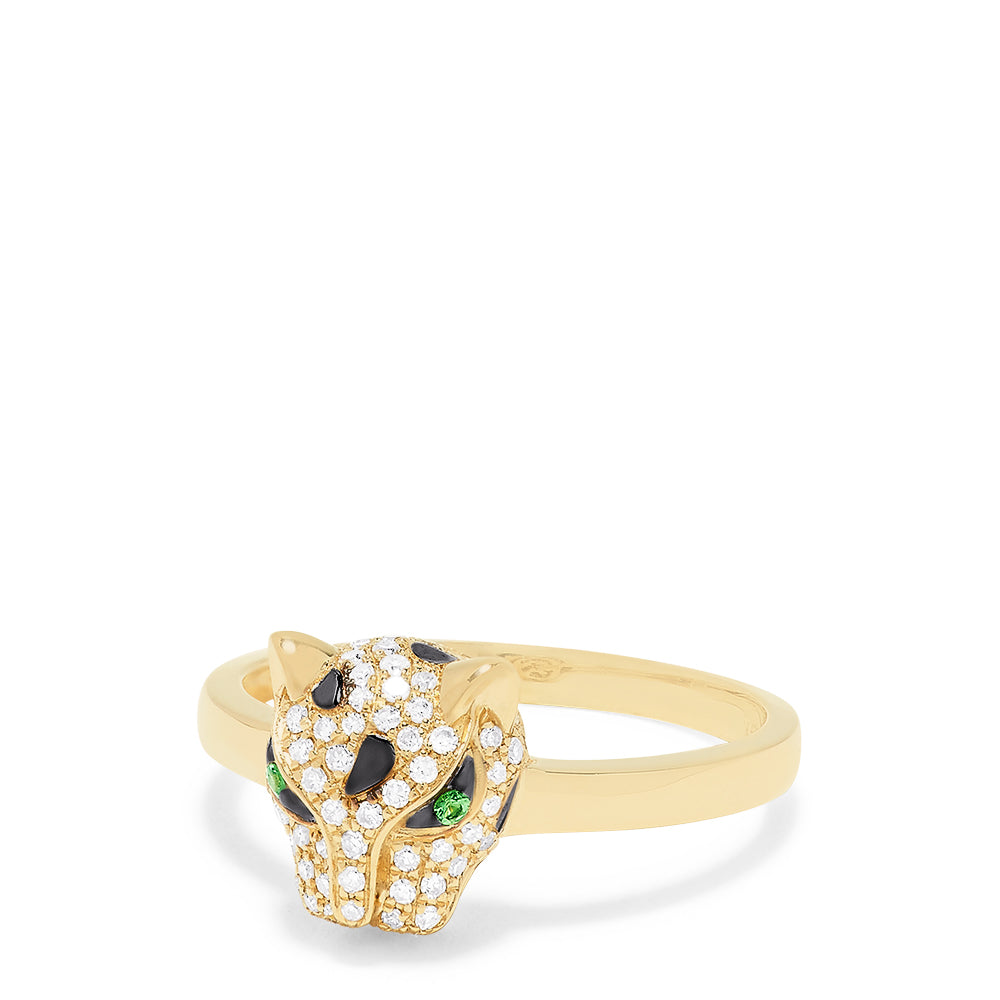 The 14K Yellow Gold Diamond and Tsavorite Panther Ring, 0.25 TCW, features a gold band with a diamond-encrusted panther head, black stone details, and green tsavorite eyes, set against a white background.