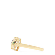 The 14K Yellow Gold Diamond and Tsavorite Panther Ring, 0.25 TCW, features a gold band with a diamond-encrusted panther head, black stone details, and green tsavorite eyes, set against a white background.