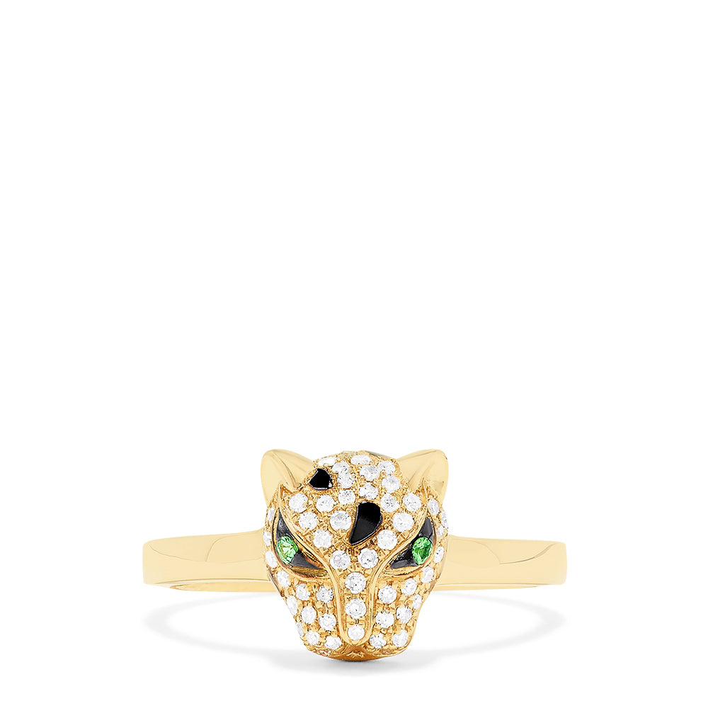 The 14K Yellow Gold Diamond and Tsavorite Panther Ring, 0.25 TCW, features a gold band with a diamond-encrusted panther head, black stone details, and green tsavorite eyes, set against a white background.