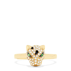 The 14K Yellow Gold Diamond and Tsavorite Panther Ring, 0.25 TCW, features a gold band with a diamond-encrusted panther head, black stone details, and green tsavorite eyes, set against a white background.