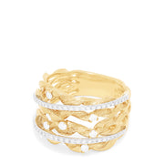 The DOro 14K Textured Yellow Gold Diamond Accented Ring, 0.41 TCW, features wide twisted bands with a textured finish and sparkling diamond accents bordered by two rows of round diamonds.