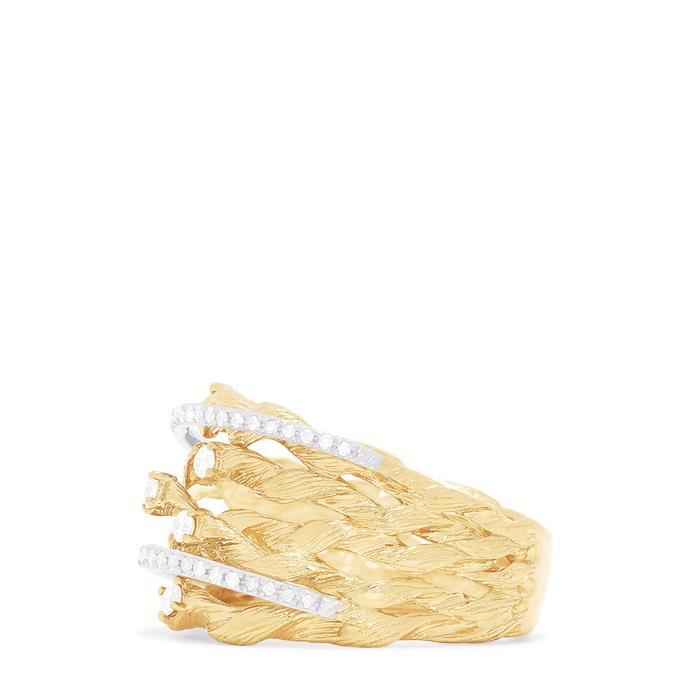 The DOro 14K Textured Yellow Gold Diamond Accented Ring, 0.41 TCW, features wide twisted bands with a textured finish and sparkling diamond accents bordered by two rows of round diamonds.