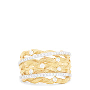 The DOro 14K Textured Yellow Gold Diamond Accented Ring, 0.41 TCW, features wide twisted bands with a textured finish and sparkling diamond accents bordered by two rows of round diamonds.
