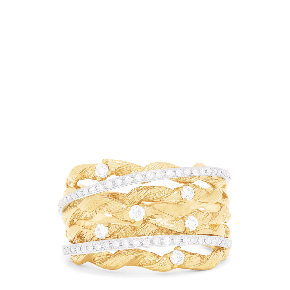 The DOro 14K Textured Yellow Gold Diamond Accented Ring, 0.41 TCW, features wide twisted bands with a textured finish and sparkling diamond accents bordered by two rows of round diamonds.