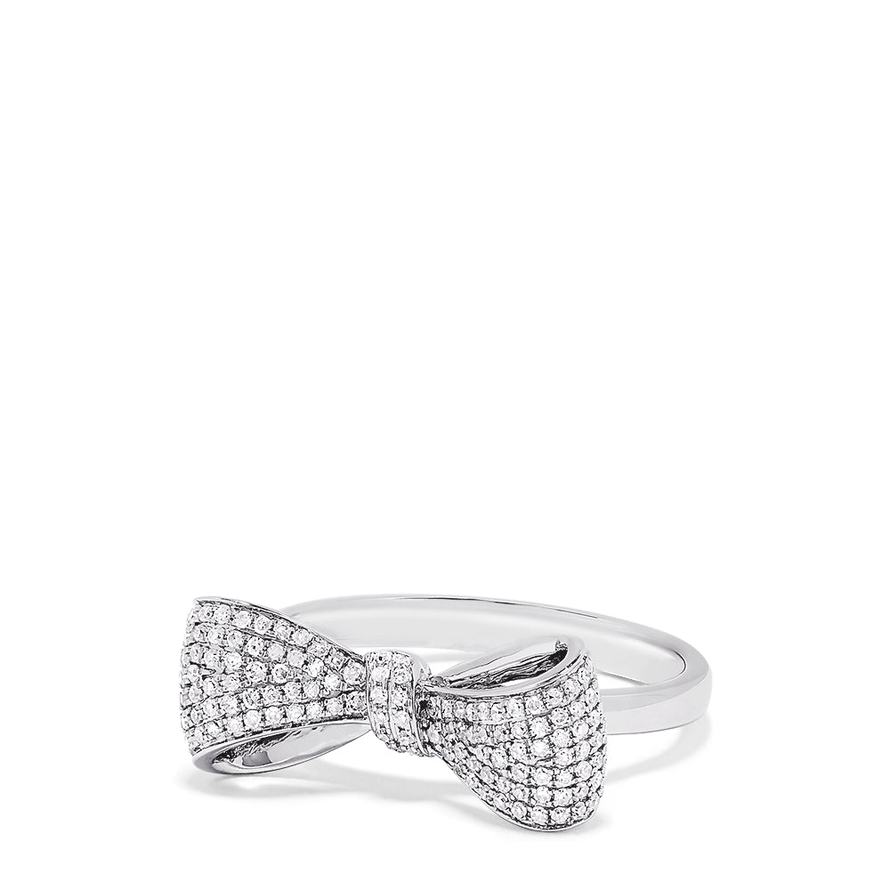 A dazzling Novelty 14K White Gold Diamond Bow Ring, 0.35 TCW, is beautifully showcased against a white background.